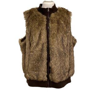Vintage Rough Hewn brown faux fur vest with front zipper. Women's size 2X